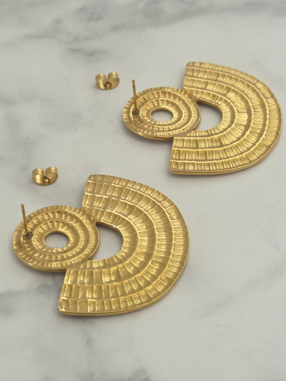 Stainless Steel Gold Textured Geometric Fan Drop Earrings - Picture 6 of 11